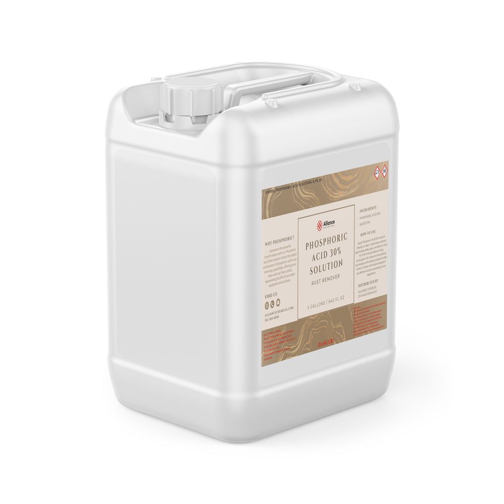 5-gallon white HDPE container of Phosphoric Acid 30% solution with rust removal properties, hazard warning symbols, and secure screw cap.
