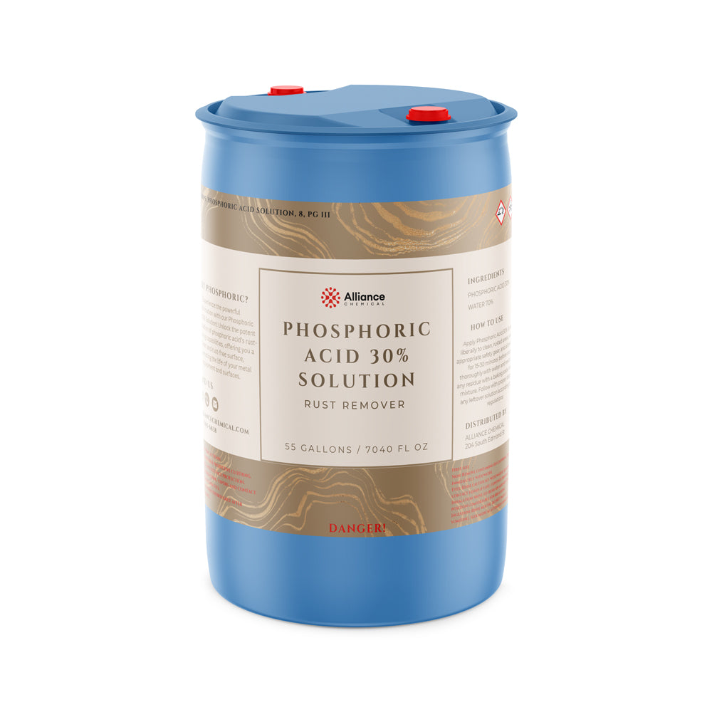 55-gallon blue plastic drum of Phosphoric Acid 30% Solution rust remover by Alliance Chemical, featuring danger warnings and dual red caps.