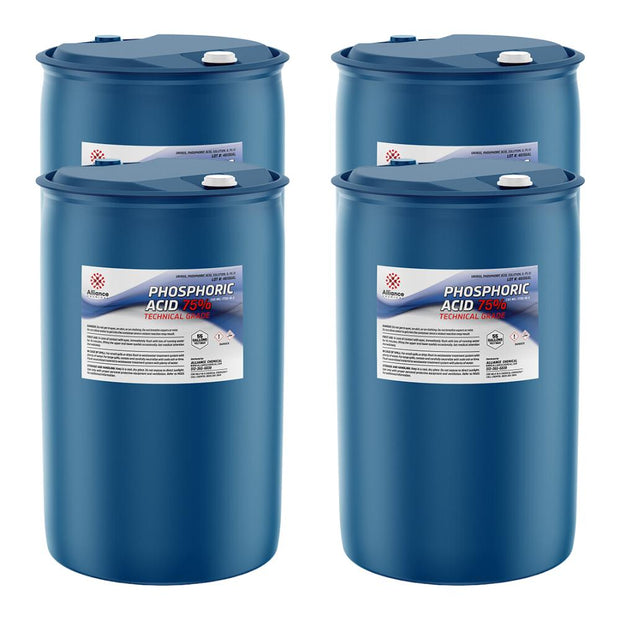 Four 55-gallon blue plastic drums of Alliance Chemical Phosphoric Acid 75% with white caps and product labels