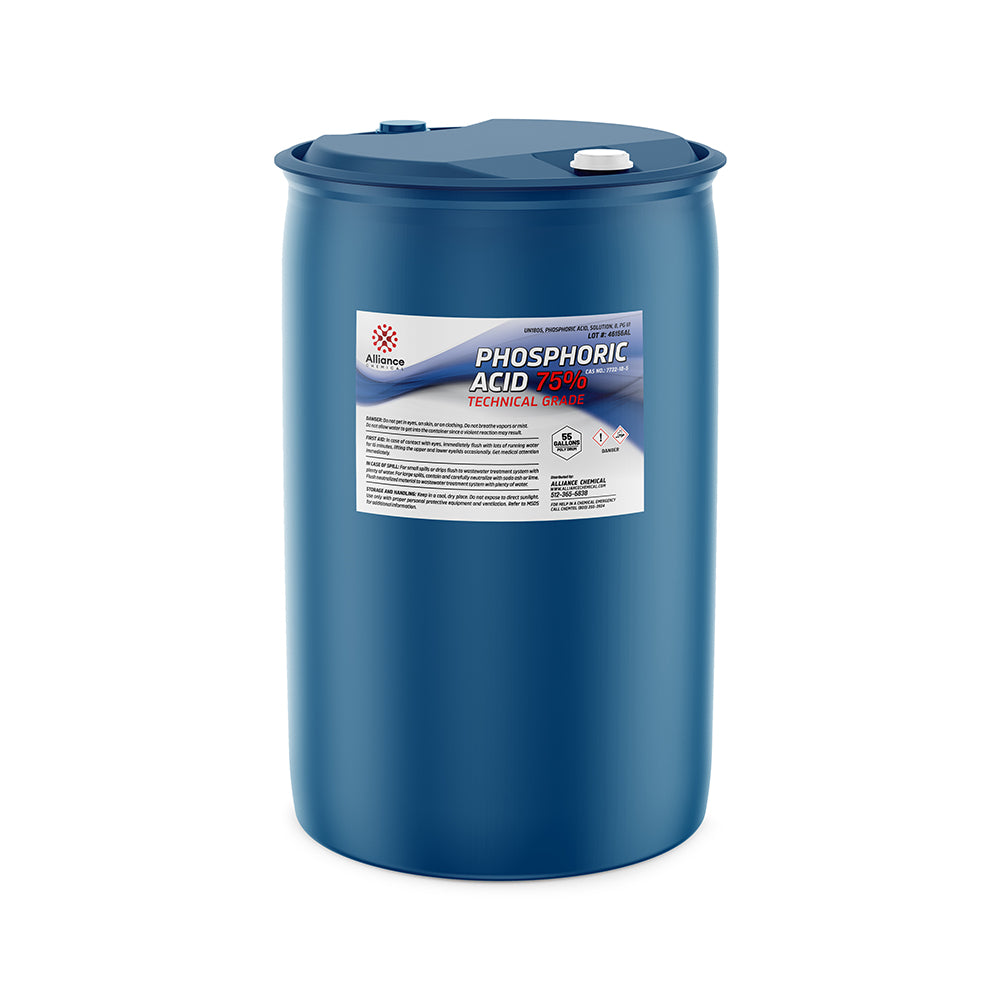 55-gallon blue poly drum of technical-grade 75% Phosphoric Acid with Alliance Chemical label, hazard warnings and secure lid