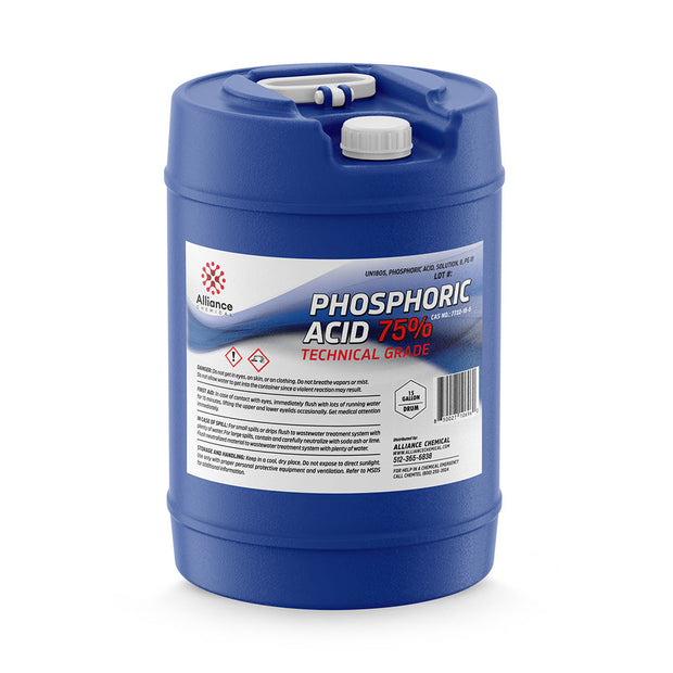 15-gallon HDPE carboy of Alliance Chemical 75% Technical Grade Phosphoric Acid and safety instructions
