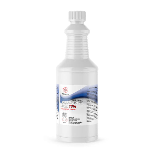 Quart bottle of 75% Technical Grade Phosphoric Acid in HDPE container with blue label, Alliance Chemical branding