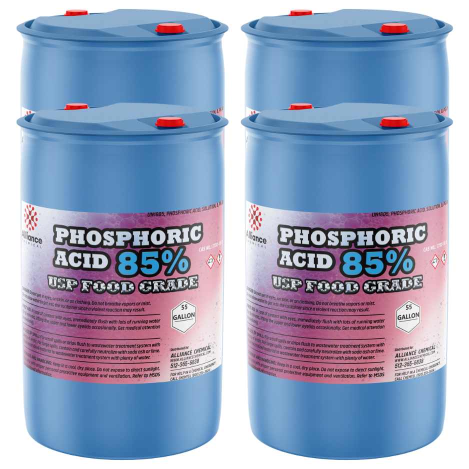 55-gallon blue HDPE drums of 85% USP Food Grade Phosphoric Acid with red safety caps, hazard warnings and Alliance Chemical branding, 4-drum set.