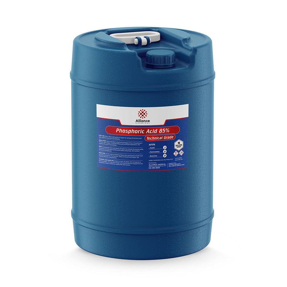 5-gallon blue HDPE carboy of Phosphoric Acid 85% Technical Grade with chemical hazard symbols, secure cap, and Alliance Chemical labeling.