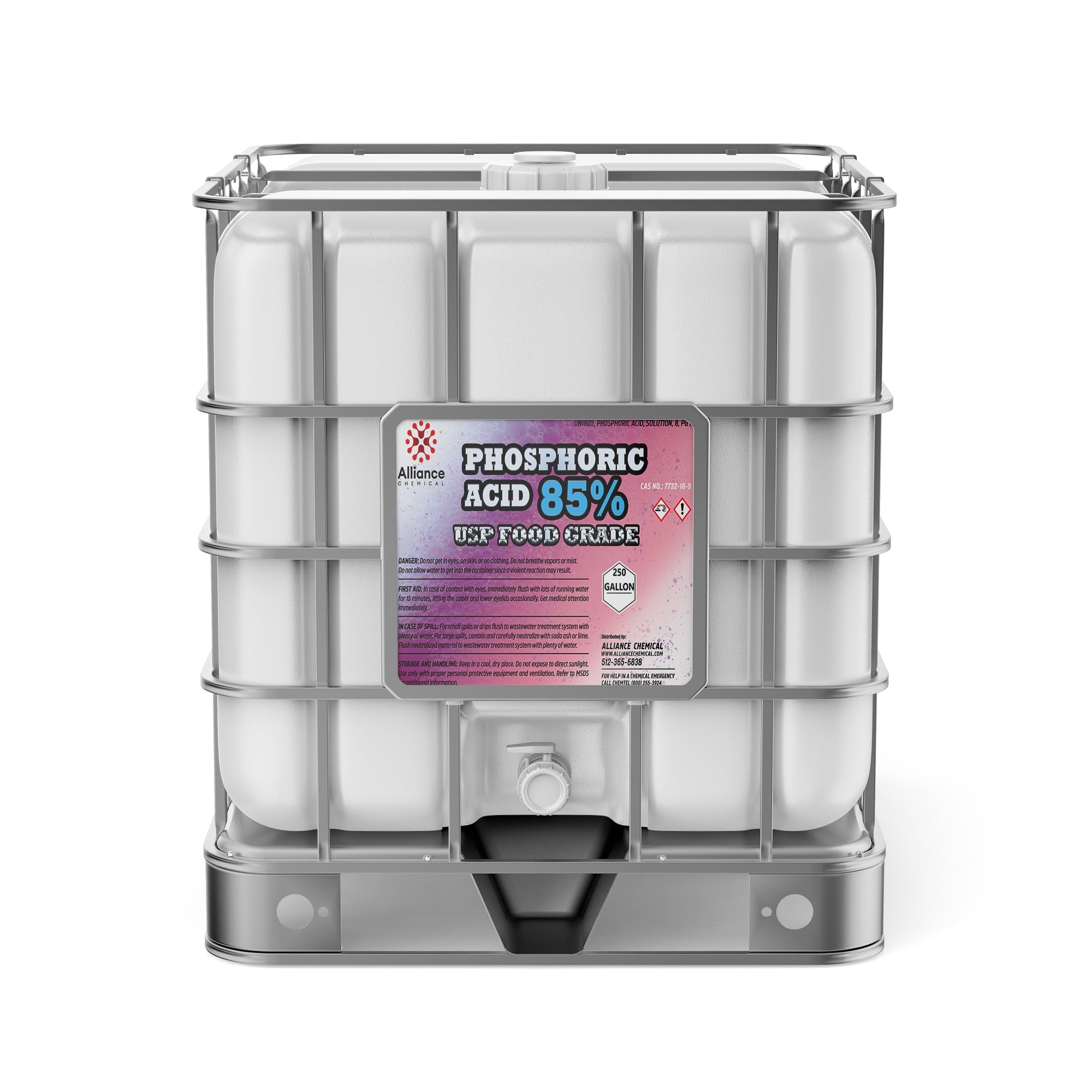250-gallon IBC tote of 85% USP Food Grade Phosphoric Acid by Alliance Chemical, with hazard symbols and industrial cage container system.