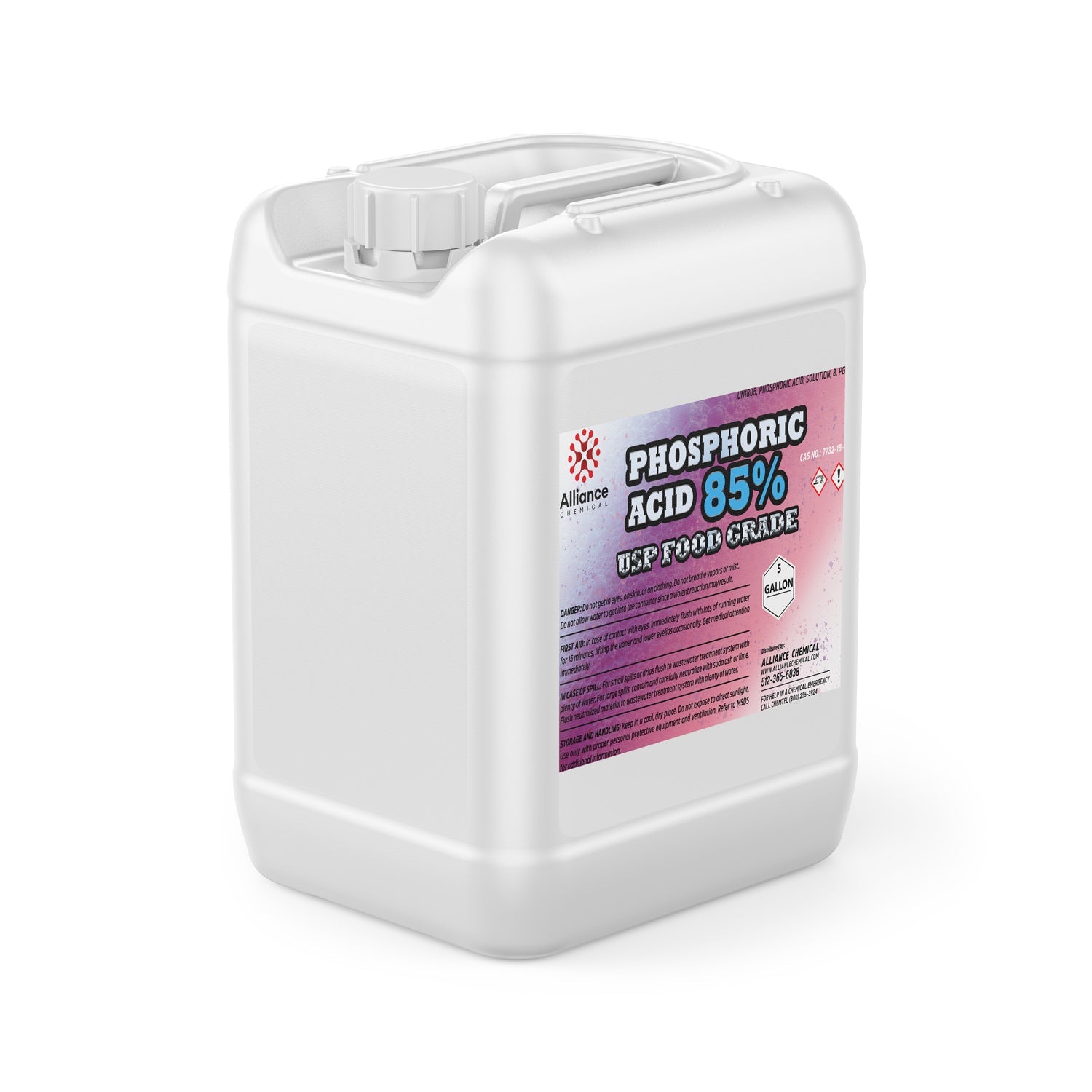 5-gallon white HDPE container of Phosphoric Acid 85% USP Food Grade by Alliance Chemical, featuring hazard warnings on pink-gradient label.