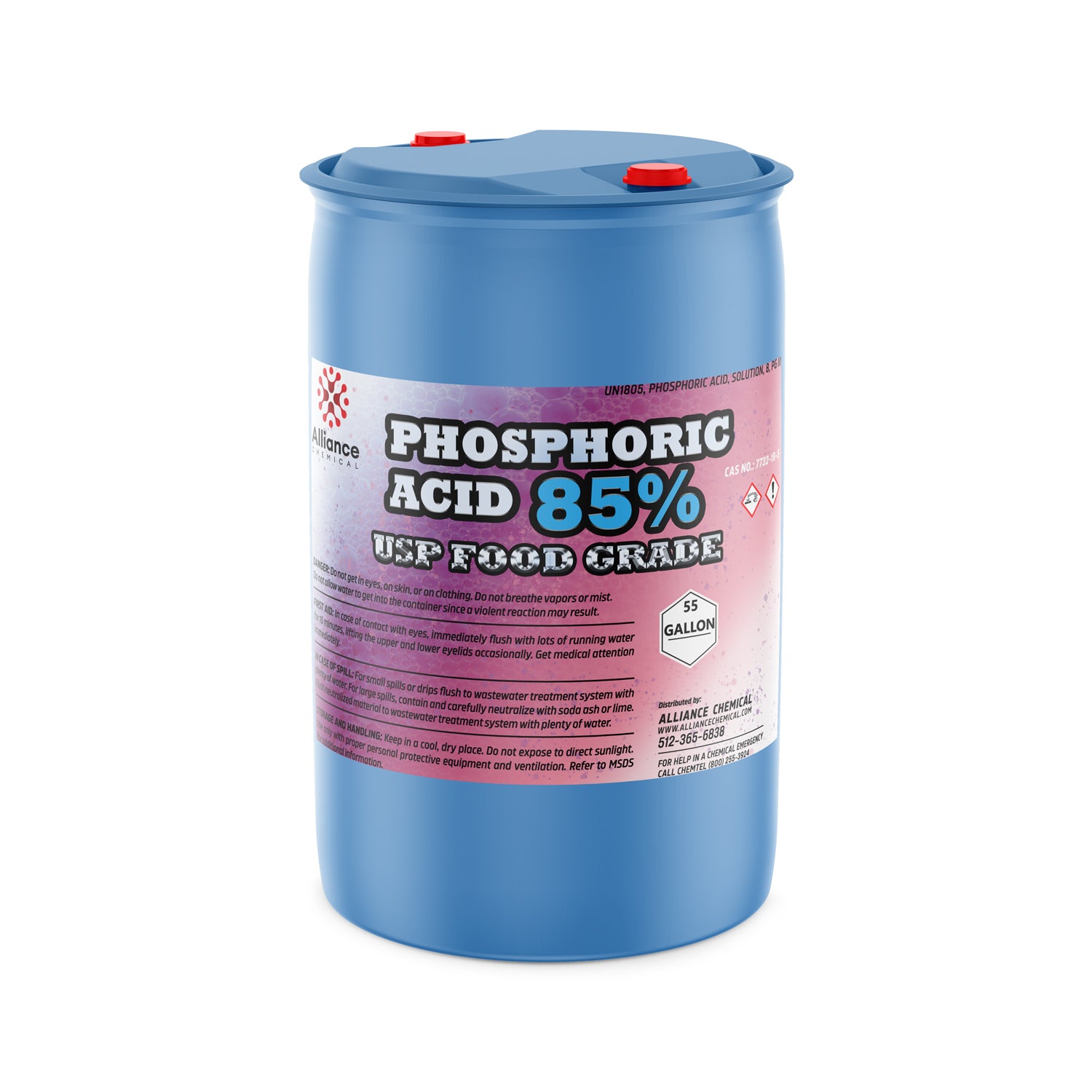 55-gallon blue drum of Phosphoric Acid 85% USP Food Grade with hazard warning label, red caps, and Alliance Chemical branding.