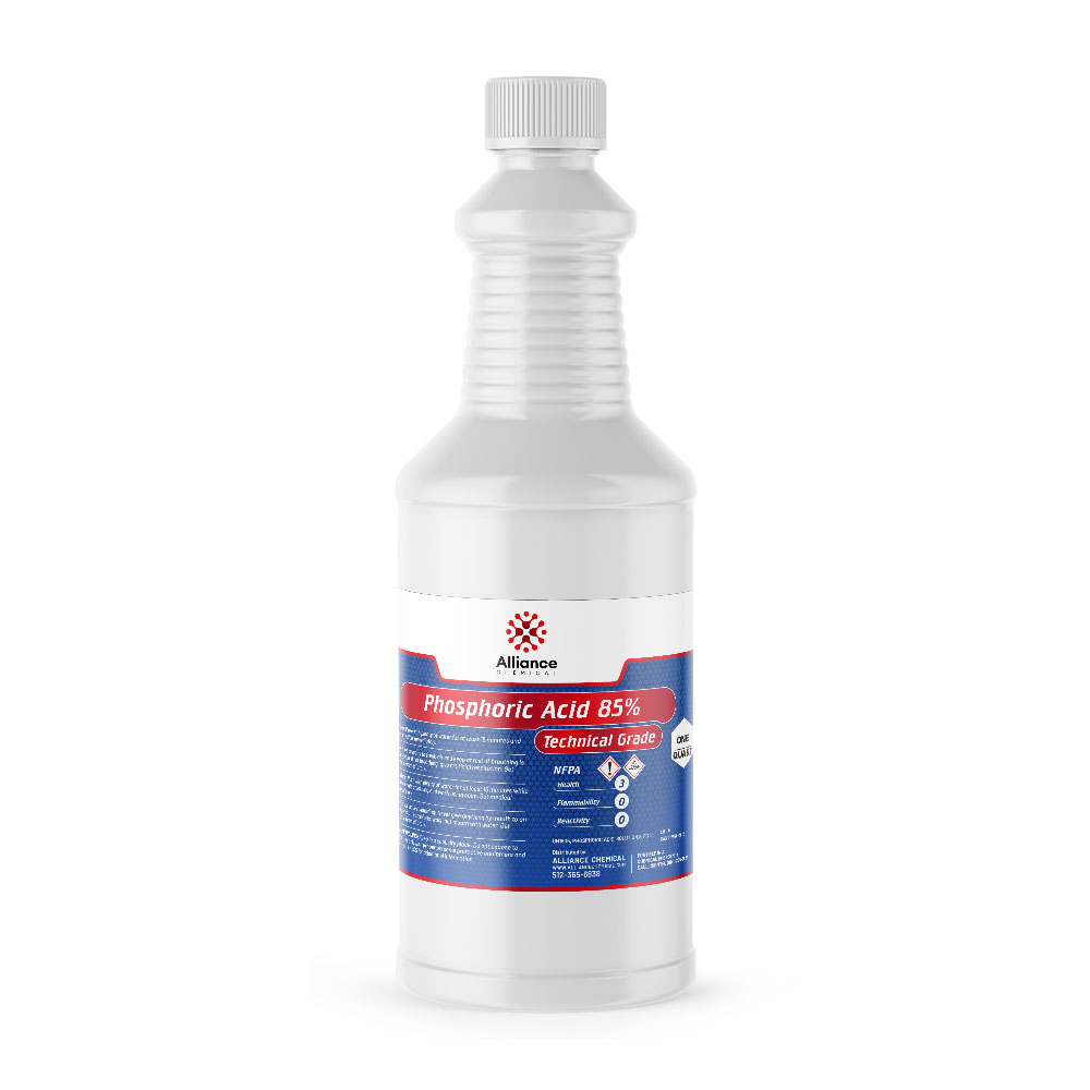 1-quart white HDPE bottle of Alliance Chemical 85% Technical Grade Phosphoric Acid with NFPA diamond hazard symbols and ribbed safety cap.