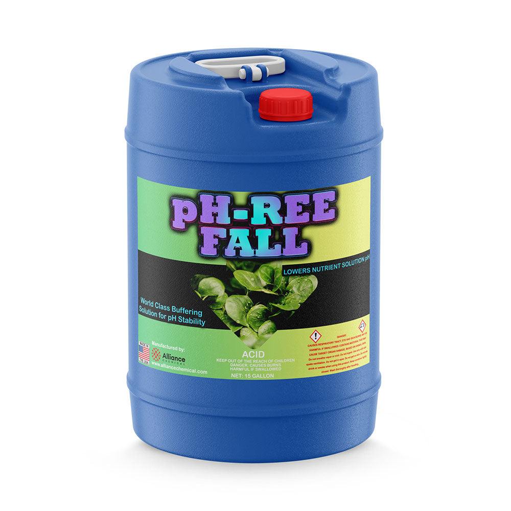 15-gallon blue HDPE carboy of pH-REE FALL buffering solution with acid warning label, phosphoric-based pH stabilizer, red screw cap and handle.