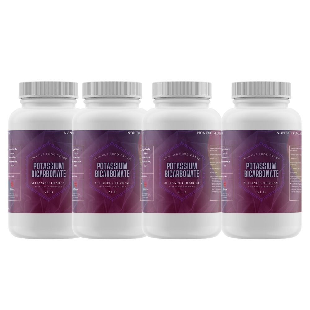 2LB bottles of USP Food Grade Potassium Bicarbonate by Alliance Chemical, white HDPE containers with purple labels, non-DOT regulated, 4-pack.