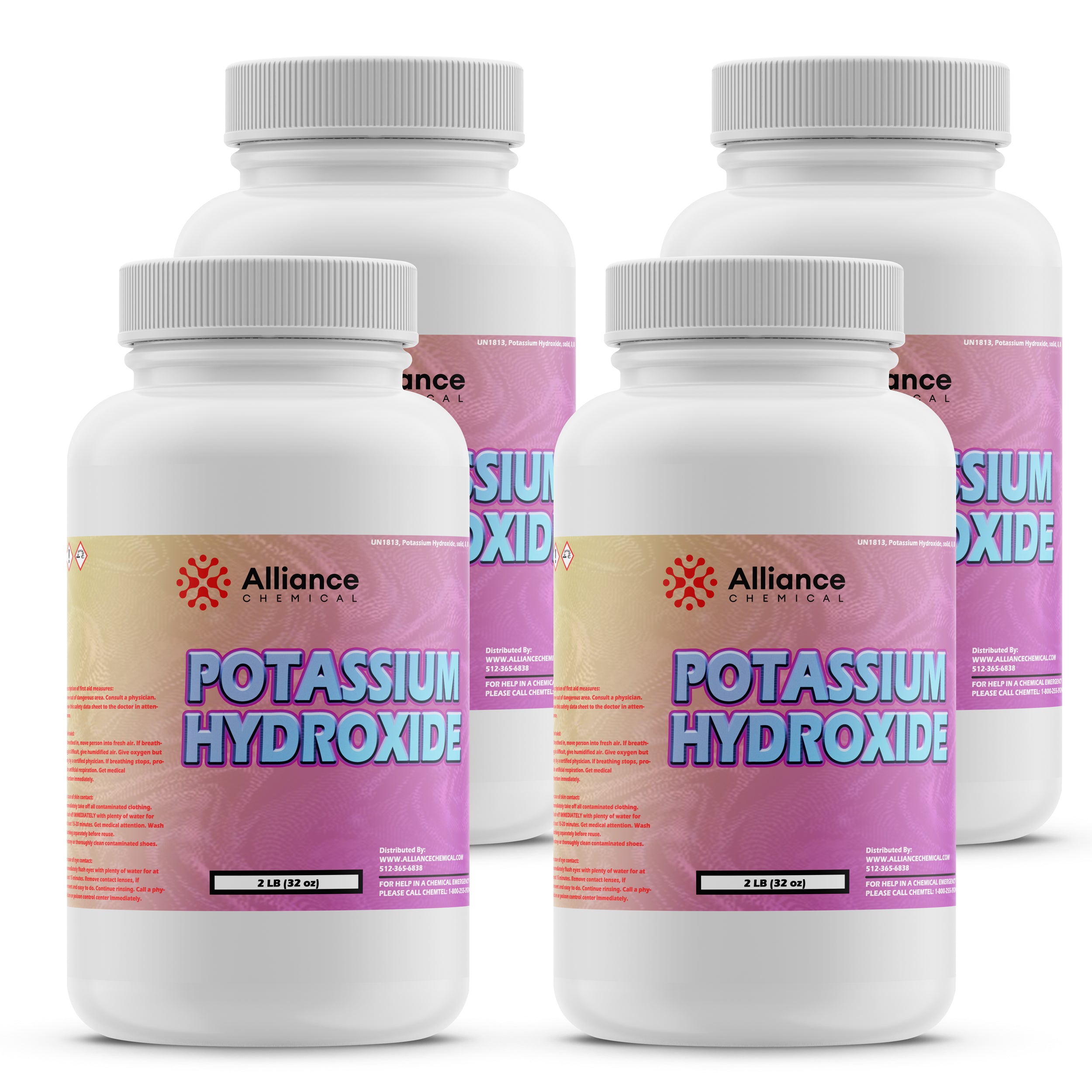 2lb Potassium Hydroxide flakes in white HDPE bottles with corrosive warning symbol, Alliance Chemical brand, 4-pack industrial grade KOH.