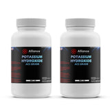 2lb ACS-grade Potassium Hydroxide in HDPE bottles with corrosive/oxidizer warning symbols, black labels, Alliance Chemical