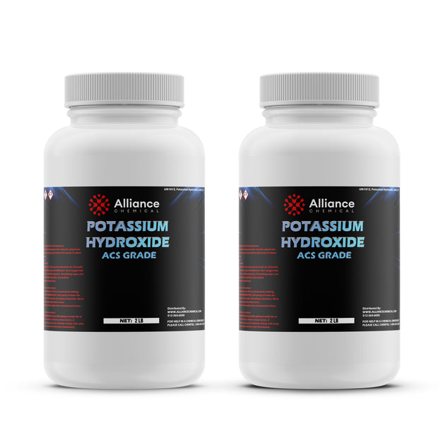 2lb ACS-grade Potassium Hydroxide in HDPE bottles with corrosive/oxidizer warning symbols, black labels, Alliance Chemical