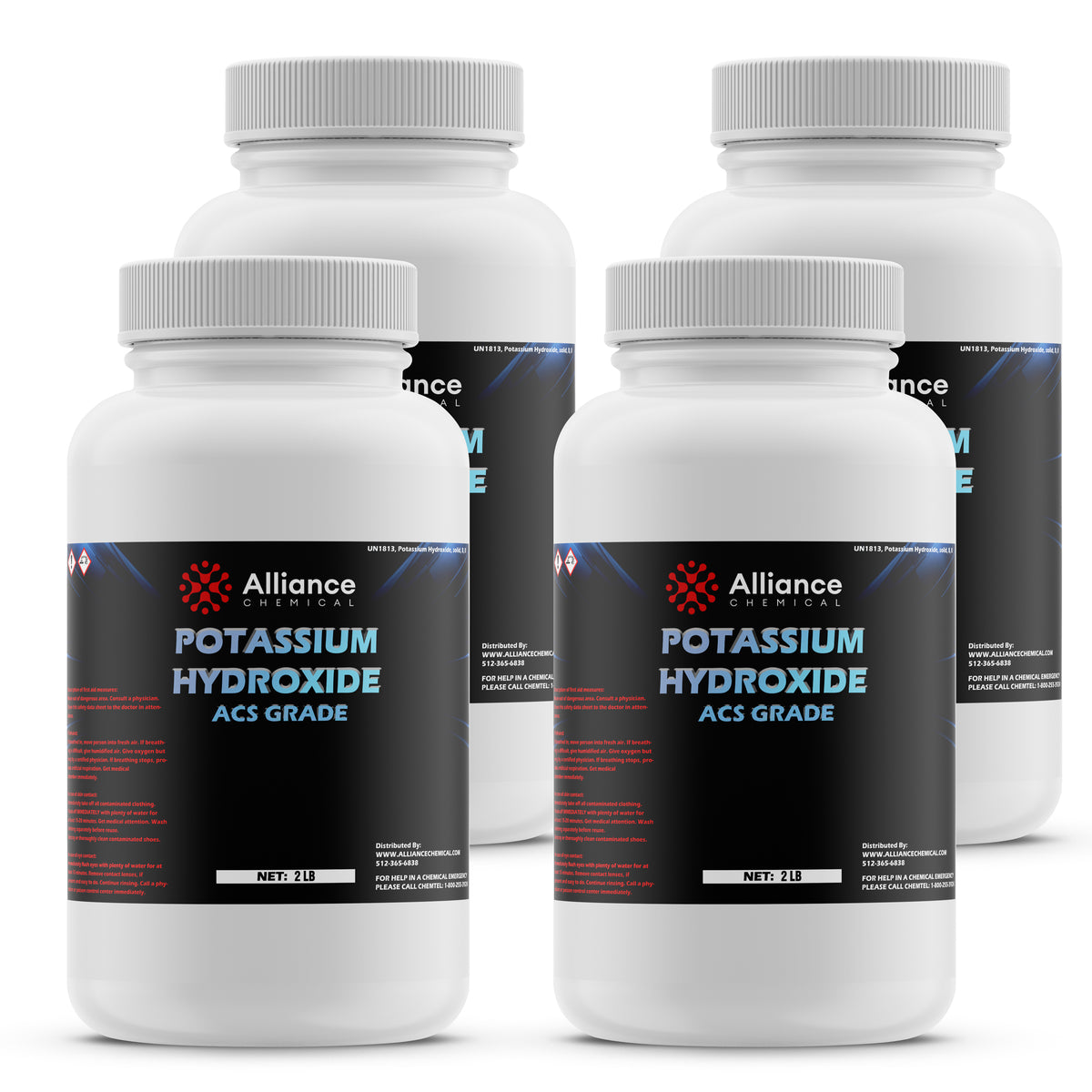 Alliance Chemical 2lb bottles of ACS-grade Potassium Hydroxide, HDPE containers with black labels, hazard warnings, 4-pack