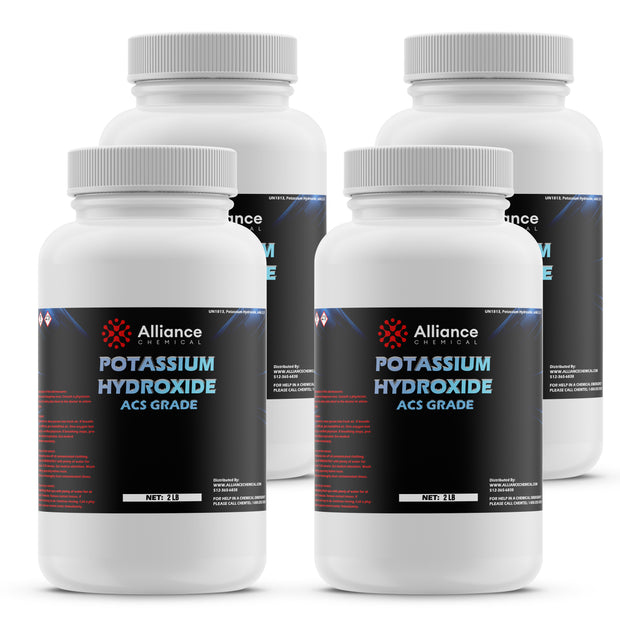 Alliance Chemical 2lb bottles of ACS-grade Potassium Hydroxide, HDPE containers with black labels, hazard warnings, 4-pack