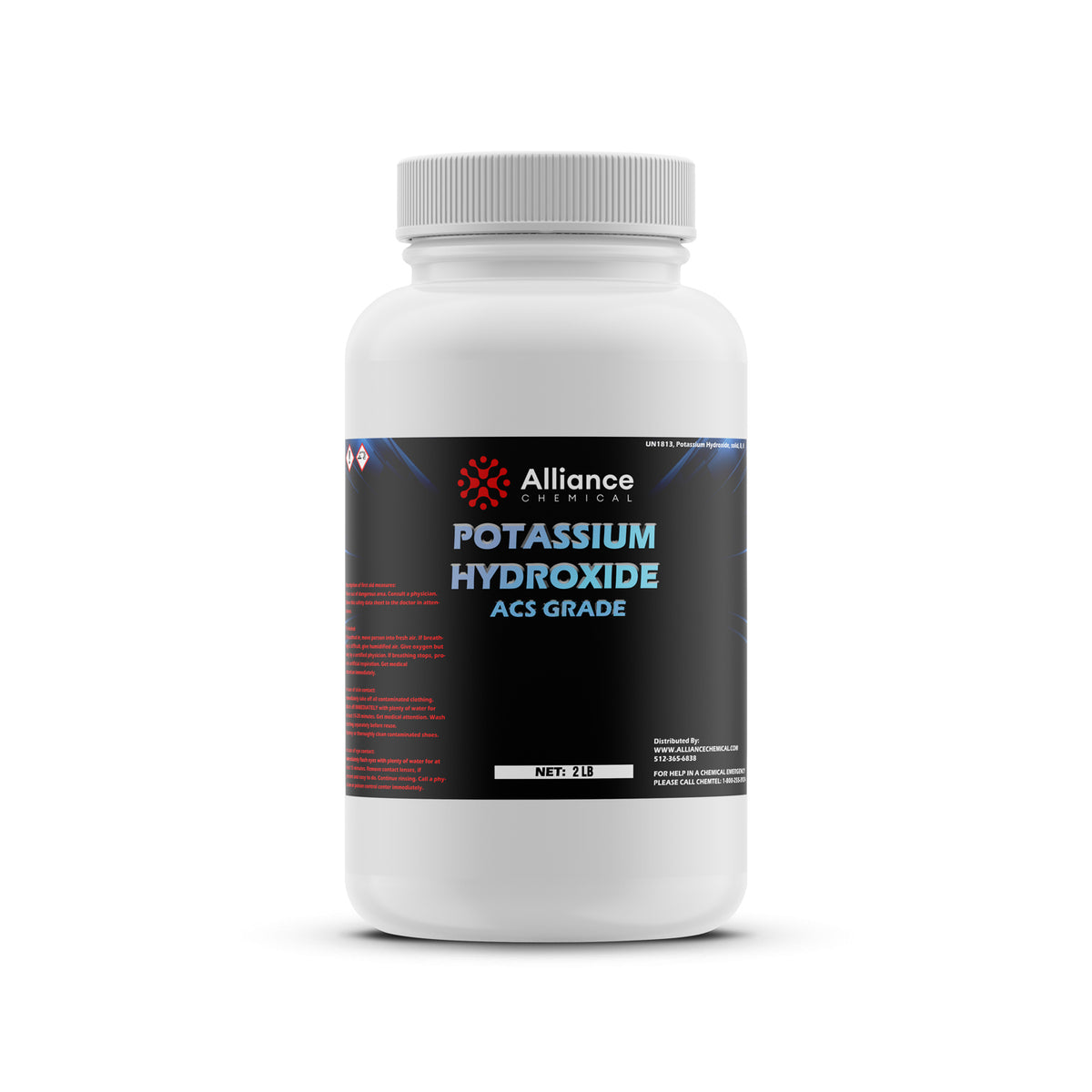 2lb ACS-grade Potassium Hydroxide in HDPE bottle with Alliance Chemical branding, GHS hazard symbols, black label design