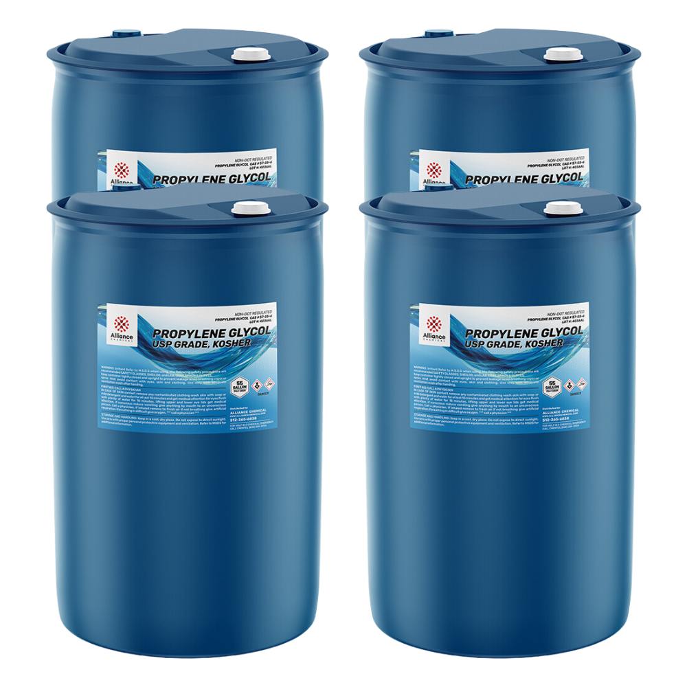 4x55 gallon blue HDPE drums of USP-grade Kosher Propylene Glycol with Alliance Chemical branding, hazard symbols, and secure white caps.
