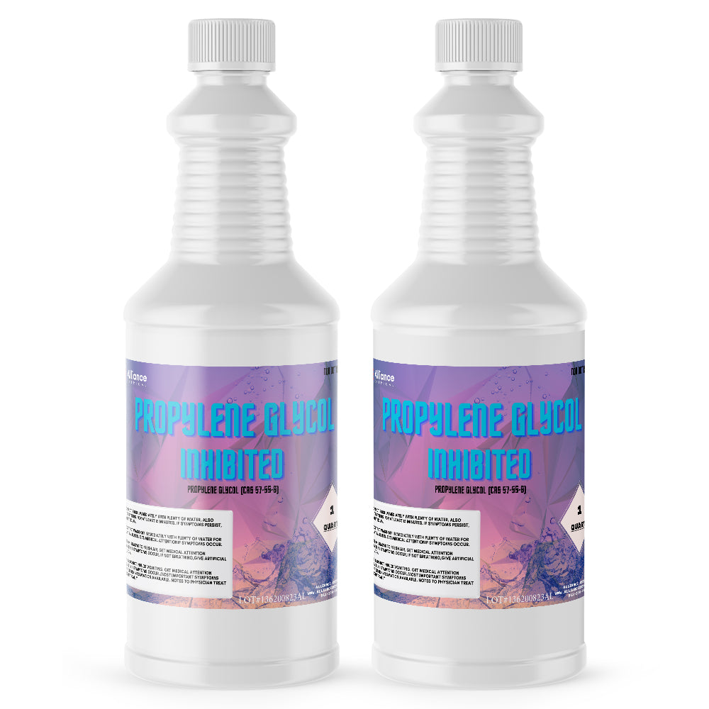 2-quart white HDPE bottles of Propylene Glycol Inhibited, featuring purple gradient labels and ribbed safety caps, CAS 57-55-6.