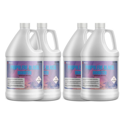 4-gallon set of industrial Propylene Glycol Inhibited in white HDPE jugs with flammable liquid hazard symbols and purple labeling (4x1-gallon).