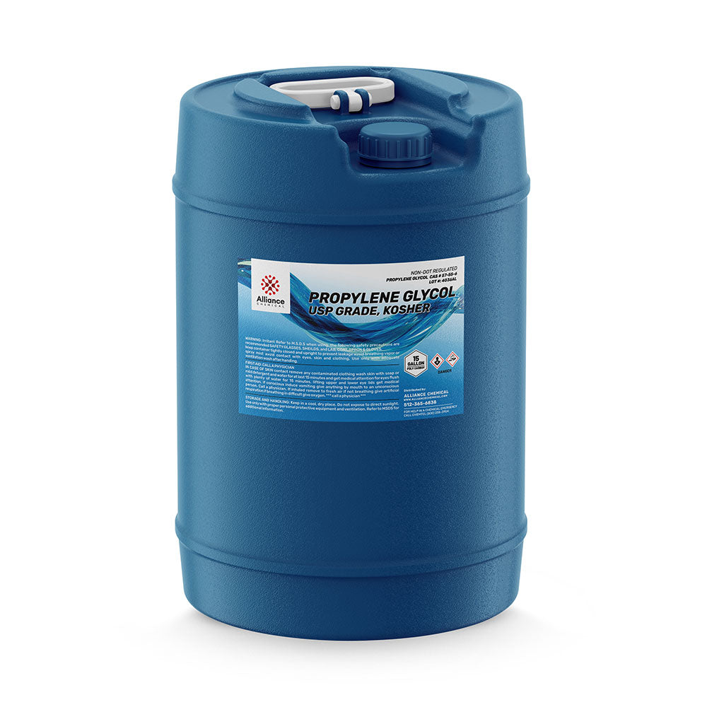 5-gallon blue HDPE carboy of USP-grade Kosher Propylene Glycol with Alliance Chemical label, safety symbols, and secure screw cap.