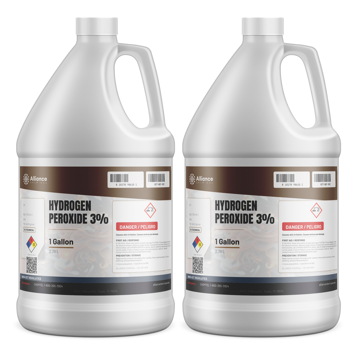 Hydrogen Peroxide 3% Technical Grade in two 1-gallon white plastic jugs, Alliance Chemical