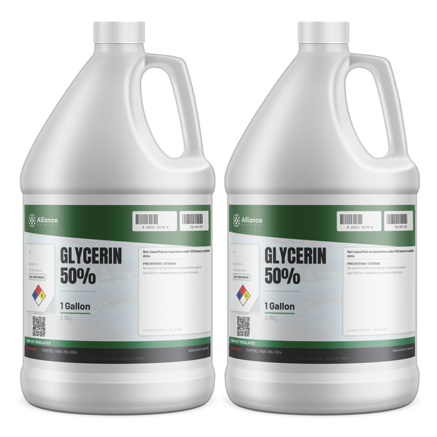 Glycerin 50% Food Grade in two 1-gallon plastic jugs from Alliance Chemical for food and beverage production