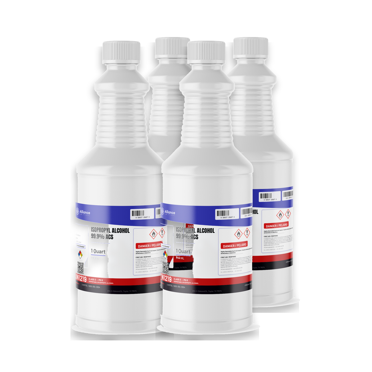 Isopropyl Alcohol 99.9% ACS Reagent Grade four 1-quart plastic bottles, Alliance Chemical for electronics cleaning