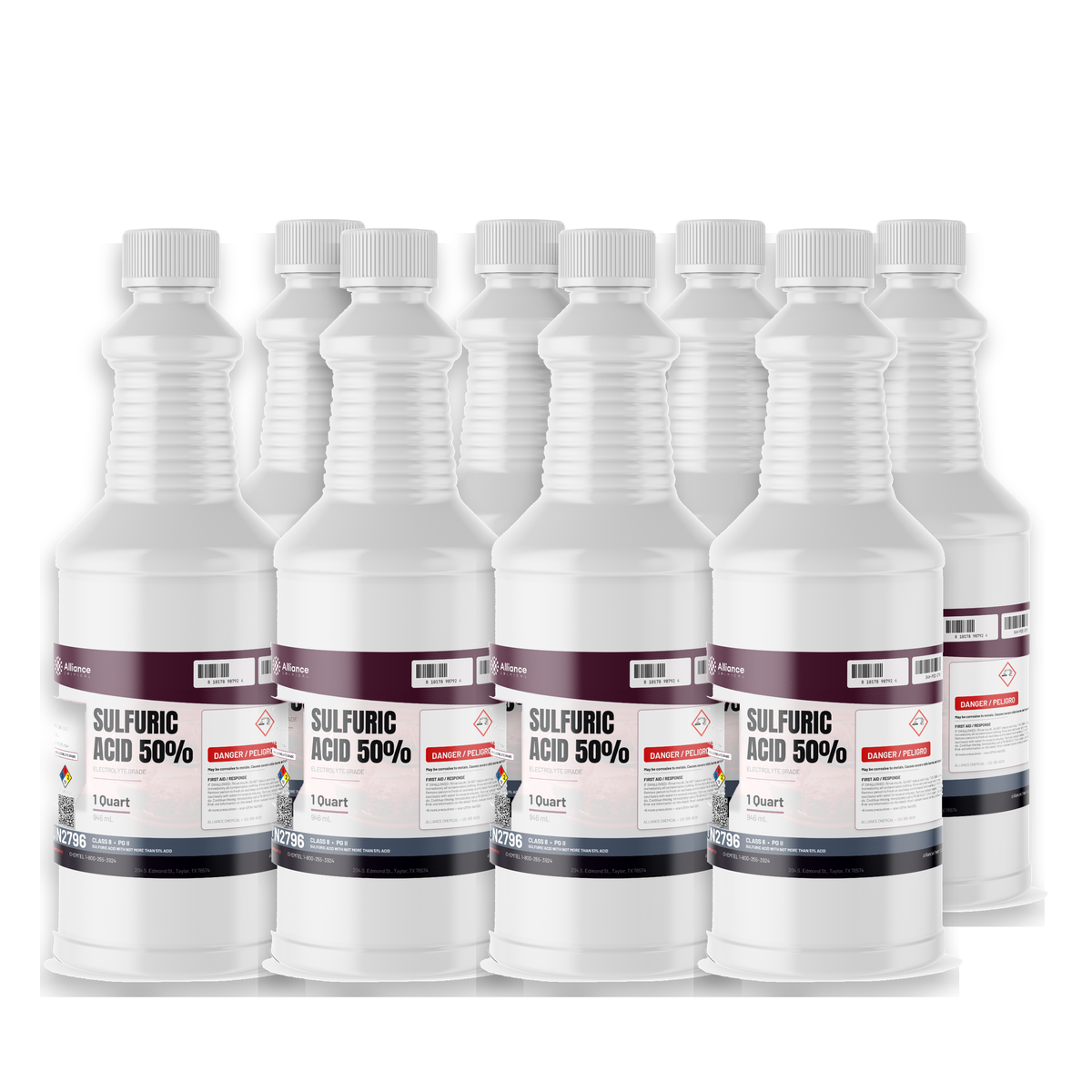 Sulfuric Acid 50% Electrolyte Grade eight 1-quart plastic bottles Alliance Chemical for battery electrolyte