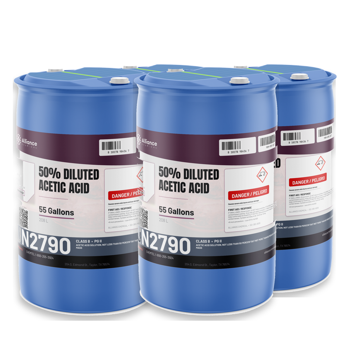 50% Acetic Acid Food Grade in four 55-gallon blue plastic drums, Alliance Chemical