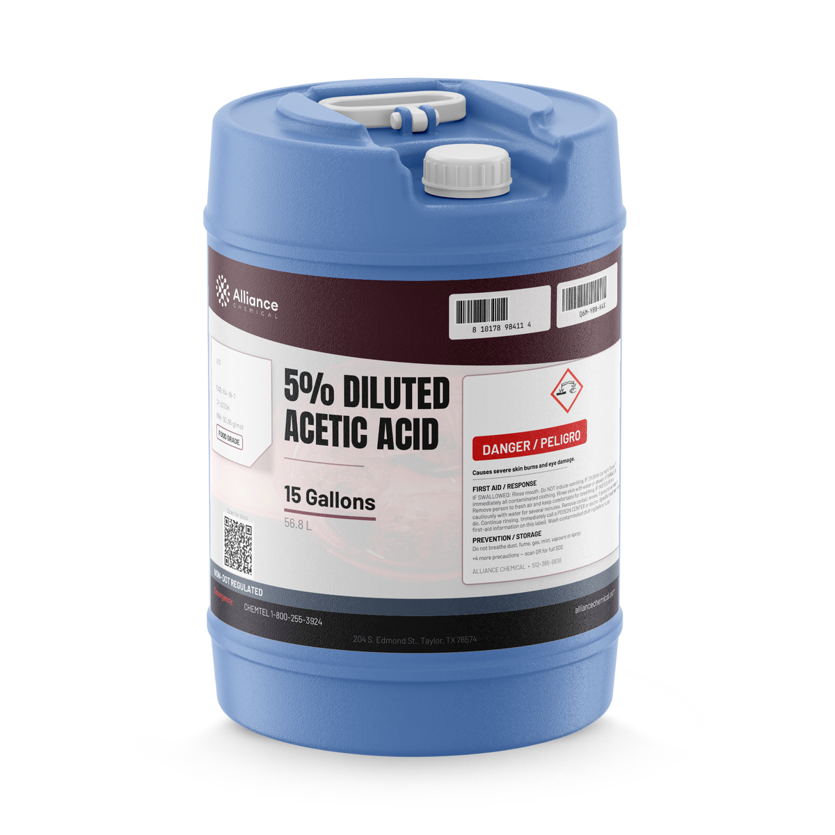 5% diluted acetic acid food grade in a blue 15-gallon carboy for pH adjustment and cleaning, Alliance Chemical
