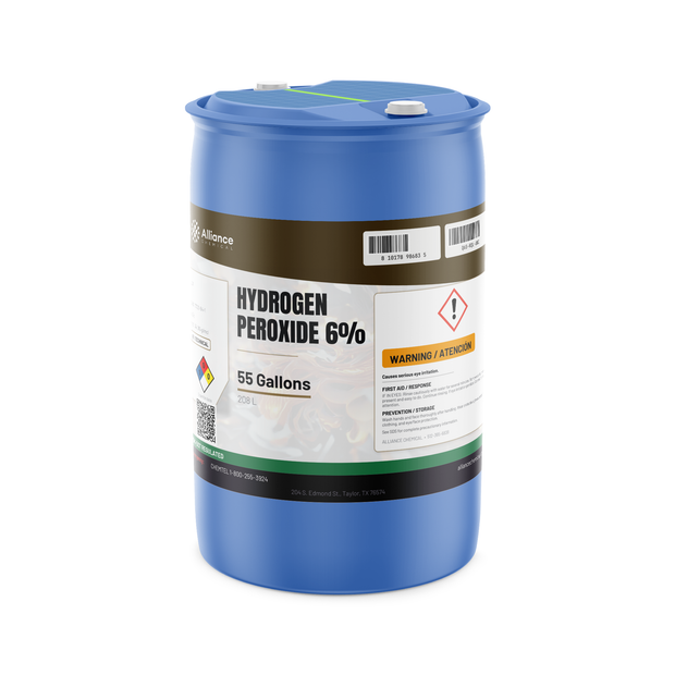Hydrogen Peroxide 6% Technical Grade in a 55-gallon blue plastic drum from Alliance Chemical