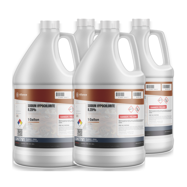 Sodium Hypochlorite 8.25% technical grade in four 1-gallon plastic jugs, Alliance Chemical