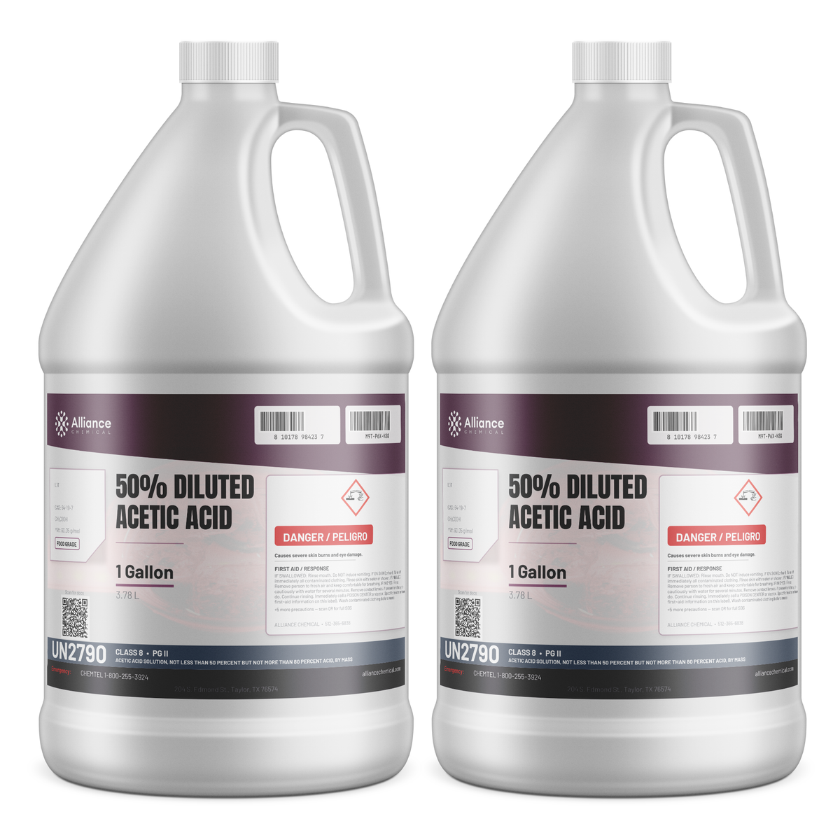 50% food grade acetic acid solution in two 1-gallon plastic jugs from Alliance Chemical