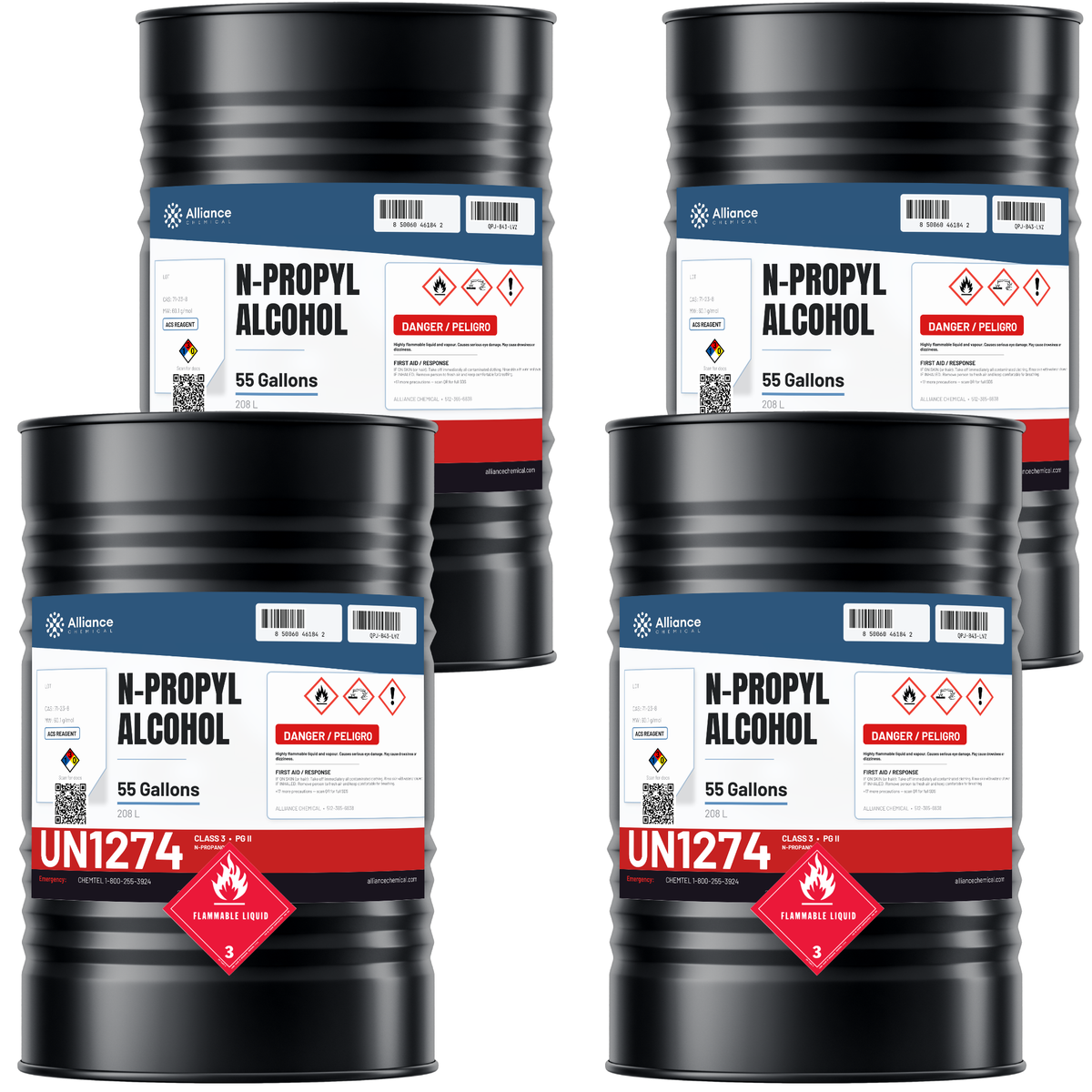 N-Propyl Alcohol ACS Reagent Grade in four 55-gallon drums from Alliance Chemical for analytical chemistry