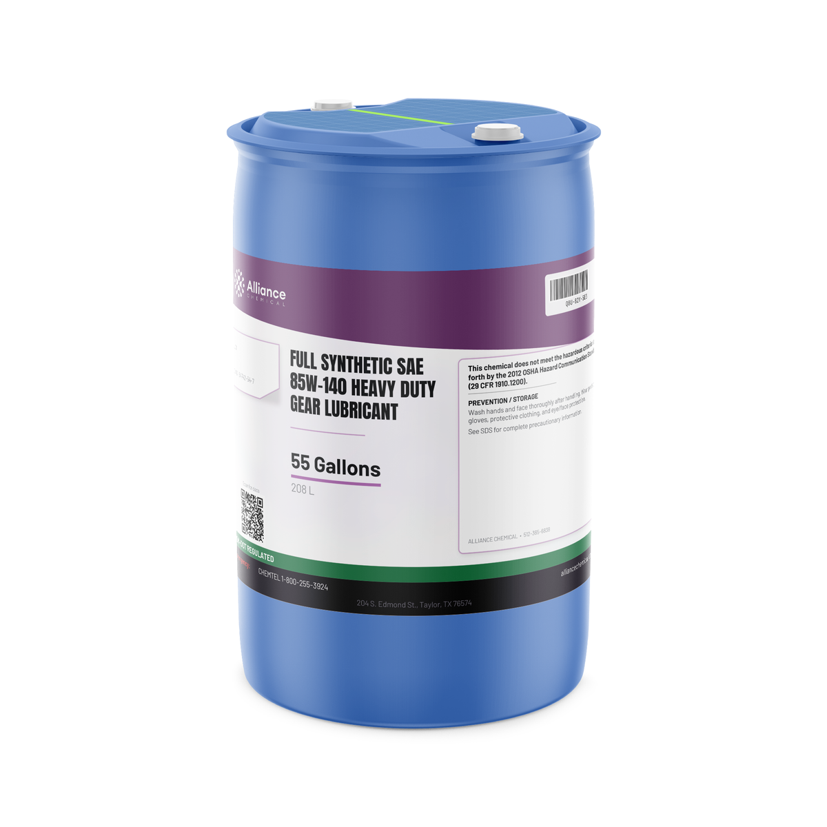 Full Synthetic SAE 85W-140 Heavy Duty Gear Lubricant in a 55-gallon blue plastic drum, Alliance Chemical