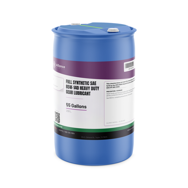 Full Synthetic SAE 85W-140 Heavy Duty Gear Lubricant in a 55-gallon blue plastic drum, Alliance Chemical
