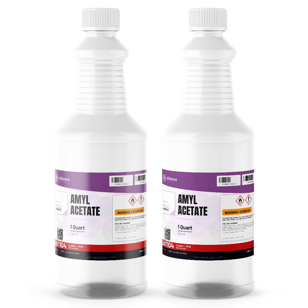 Amyl Acetate ACS Grade in two 1-quart plastic bottles, Alliance Chemical solvent for nitrocellulose lacquers and coatings