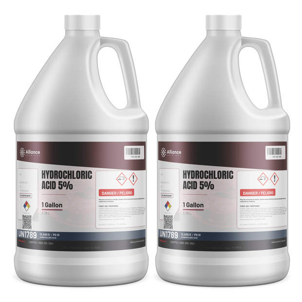 Hydrochloric Acid 5% ACS Reagent Grade in two 1-gallon plastic jugs, Alliance Chemical