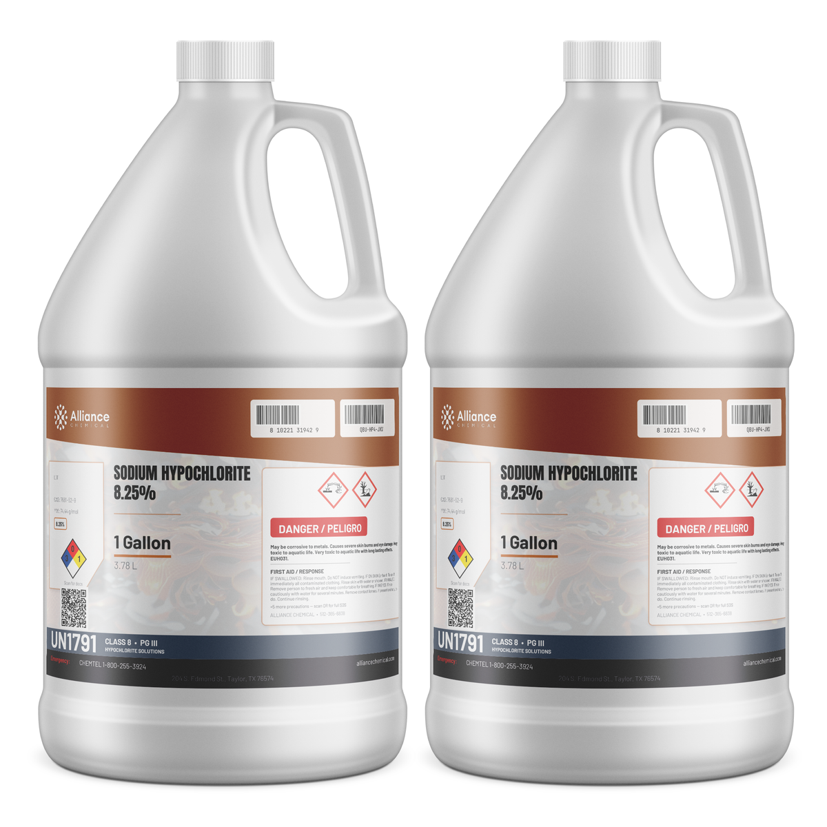 Sodium hypochlorite 8.25% technical grade in two 1-gallon plastic jugs, Alliance Chemical