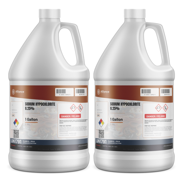 Sodium hypochlorite 8.25% technical grade in two 1-gallon plastic jugs, Alliance Chemical