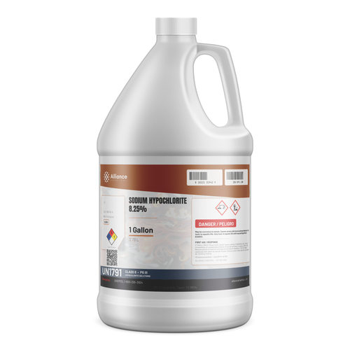Sodium Hypochlorite 8.25% Technical Grade in a 1-gallon white plastic jug, Alliance Chemical