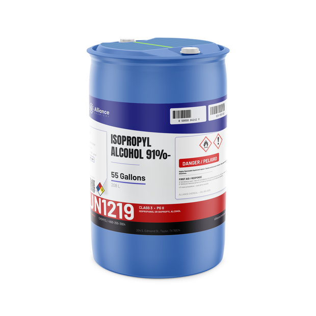 Isopropyl Alcohol 91% USP Grade 55-gallon blue drum for solvent extraction from Alliance Chemical