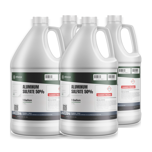 Aluminum Sulfate 50% Technical Grade in a case of four 1-gallon plastic jugs from Alliance Chemical