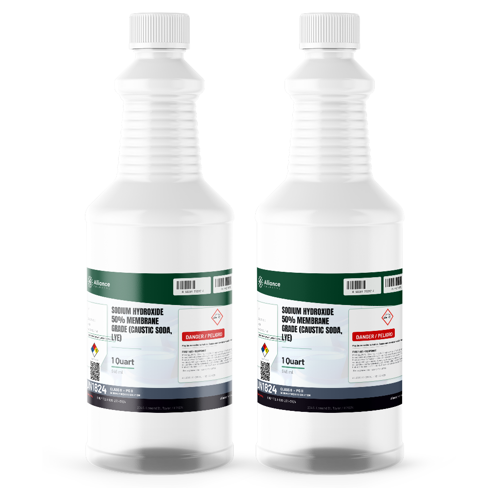 Sodium Hydroxide 50% Membrane Grade in two 1-quart white plastic bottles from Alliance Chemical