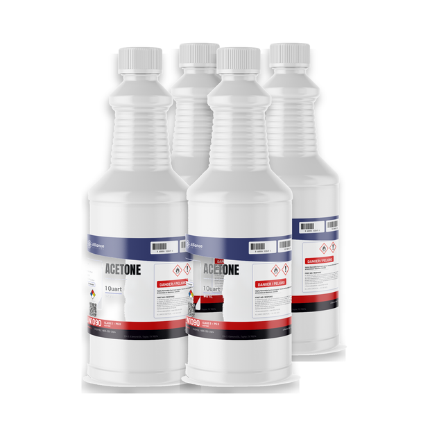 Acetone ACS grade, four 1-quart plastic bottles for laboratory cleaning, Alliance Chemical