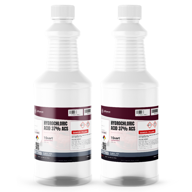 Hydrochloric Acid 37% ACS Reagent Grade in two 1-quart white plastic bottles from Alliance Chemical