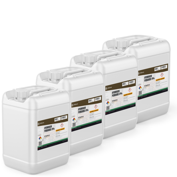 Hydrogen Peroxide 6% Technical Grade in four 5-gallon white plastic pails from Alliance Chemical