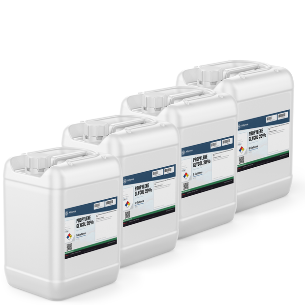 Propylene Glycol 20% USP Grade in four white 5-gallon plastic jugs, Alliance Chemical