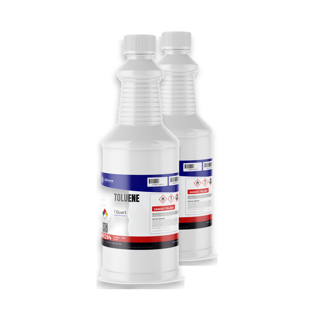 Toluene 99.5% technical grade in two 1-quart plastic bottles for industrial paint thinners, Alliance Chemical