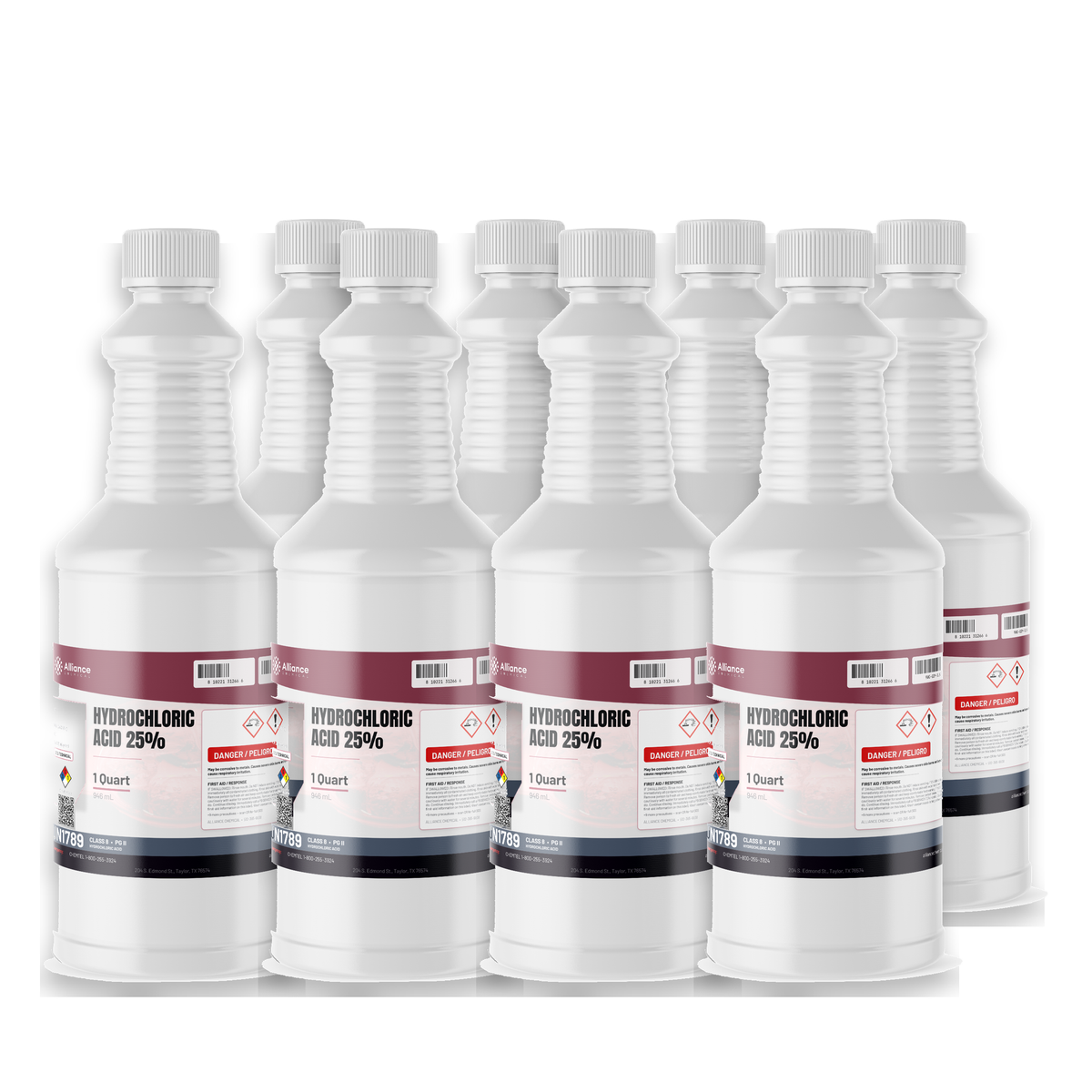Hydrochloric Acid 25% Technical Grade, eight 1-quart plastic bottles, Alliance Chemical